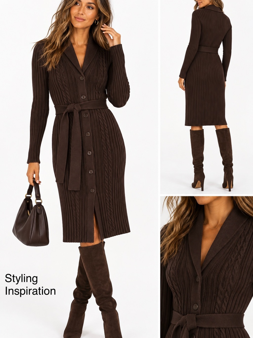 Vintage Casual Corner Brown Cable Knit Sweater Dress, Belted Shawl Collar, XS